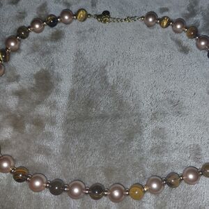 Pearl and Tiger Eye Beaded Necklace in Champagne and Brown